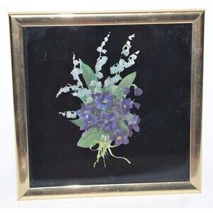 Vtg Kafka Metallic Art Framed Foil Picture Floral Bouquet violets 6x6